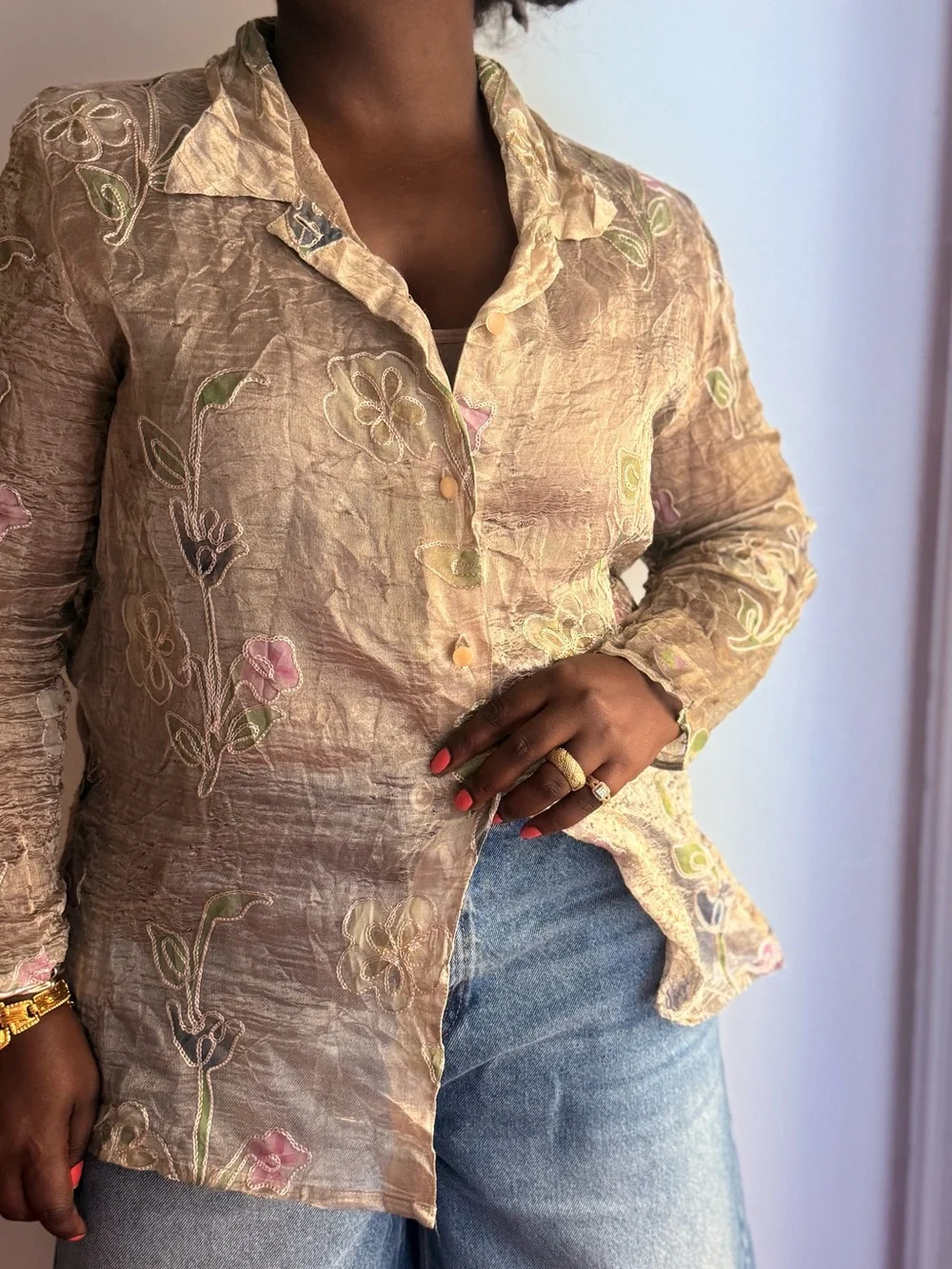 Vintage Burnout Silk Floral Blouse Sheer Embroidered Boho Romantic Top